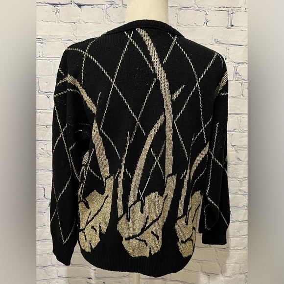 Vintage 80s Black and Metallic Gold Knit Pullover Sweater M - Picture 4 of 6